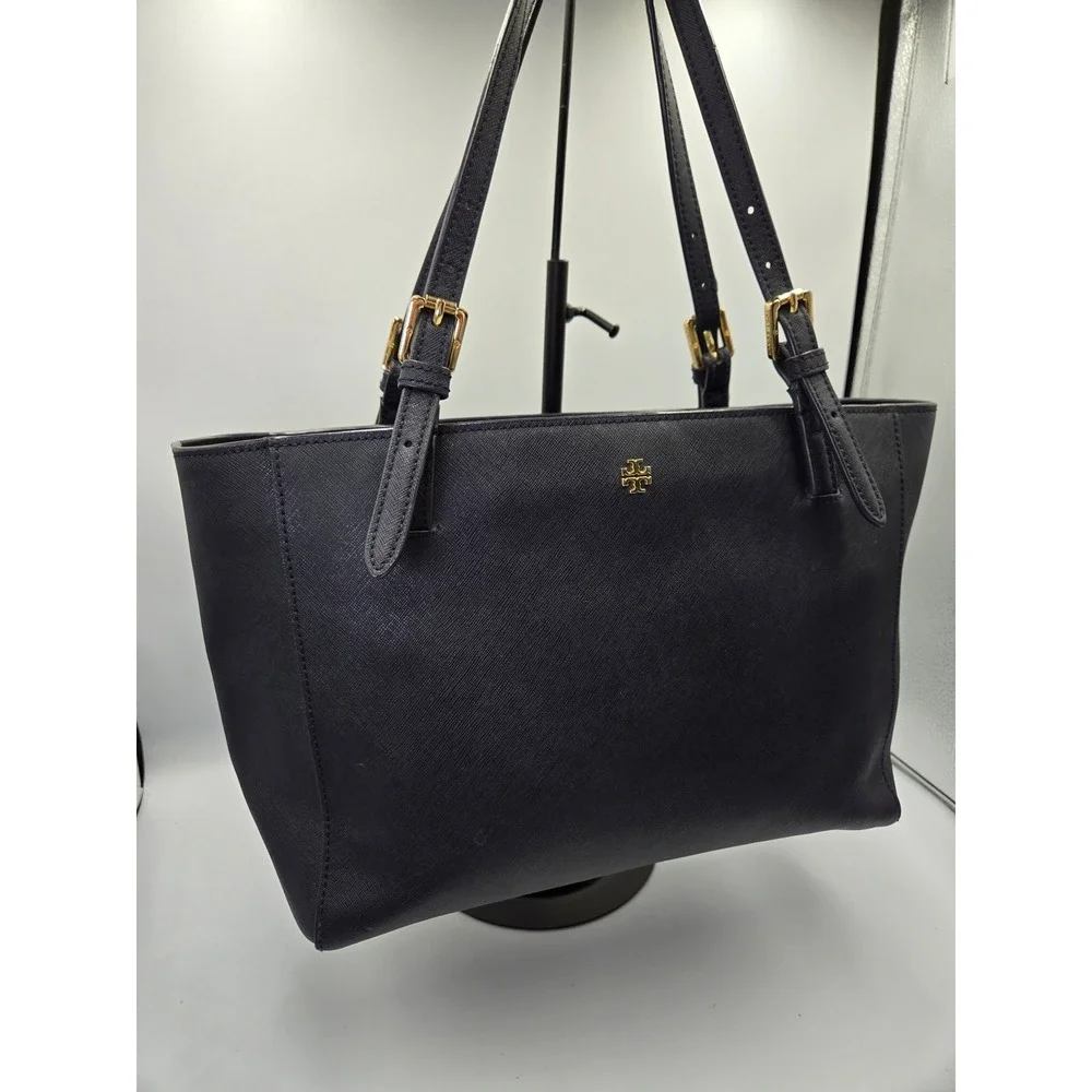 Tory Burch Navy Blue Leather Tote Bag Handbag‎ Purse Satchel Gold Hardware